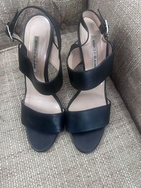 Manolo Blahnik Black Leather Curved-Strap Sandals